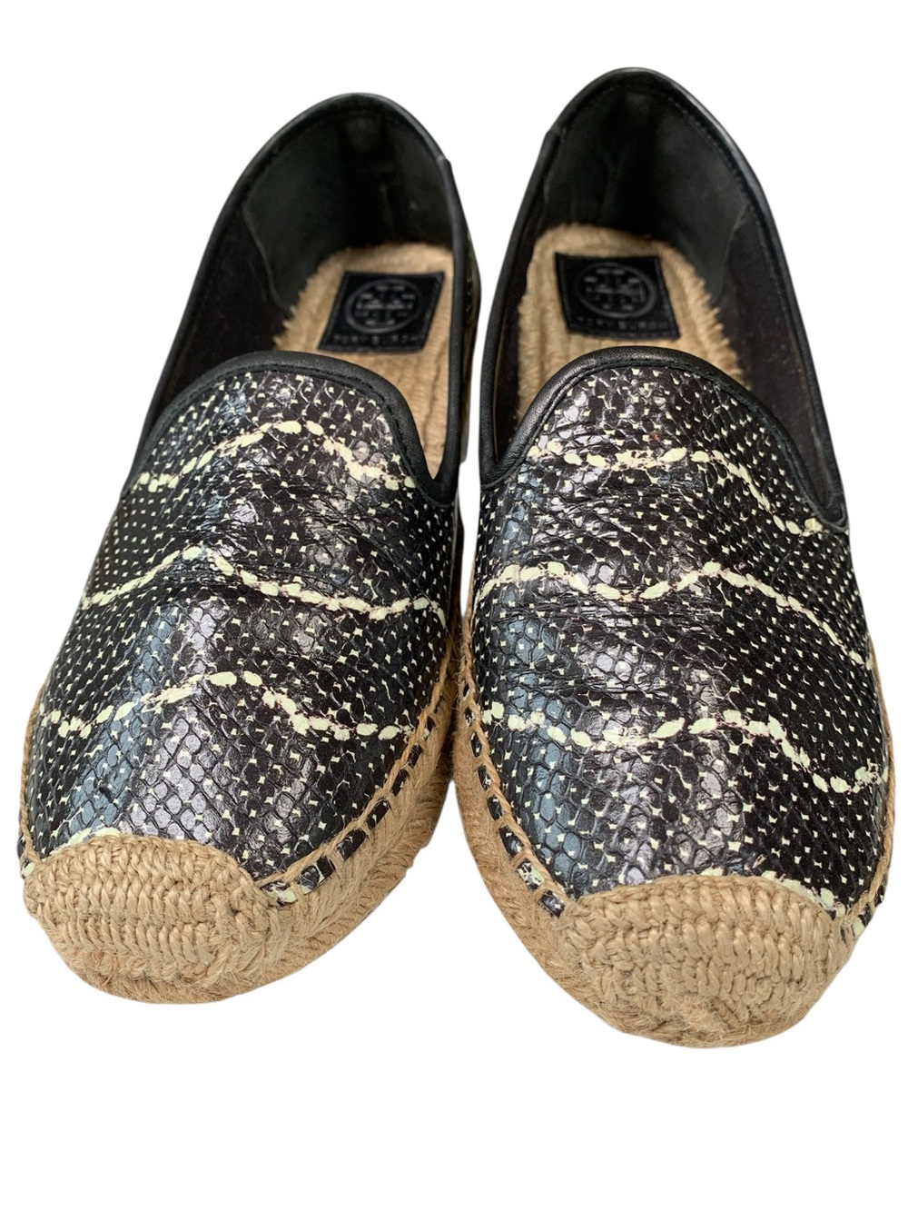 Tory Burch Snake Print Leather Espadrille Slip On Flats Black Cream 8.5
